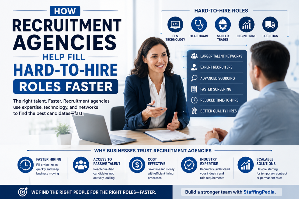 How Recruitment Agencies Help Fill Hard-to-Hire Roles Faster - Staffing Pedia Infographic about how recruitment agencies fill hard-to-hire roles faster, featuring a woman consultant with a client and icons for IT, healthcare, trades, engineering, and logistics, plus a benefits panel.